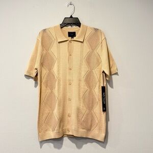 Marc Asher Men's Sand Knit Short Sleeve Button-Up Shirt Geometric Pattern M